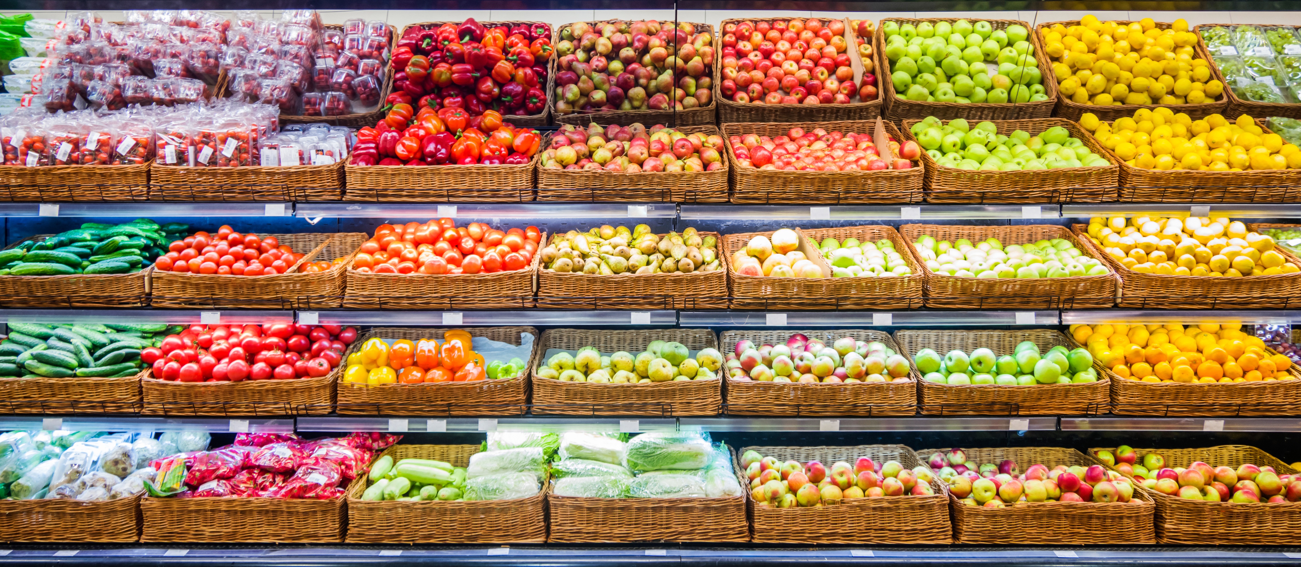 Fresh fruits and vegetables on shelf in market