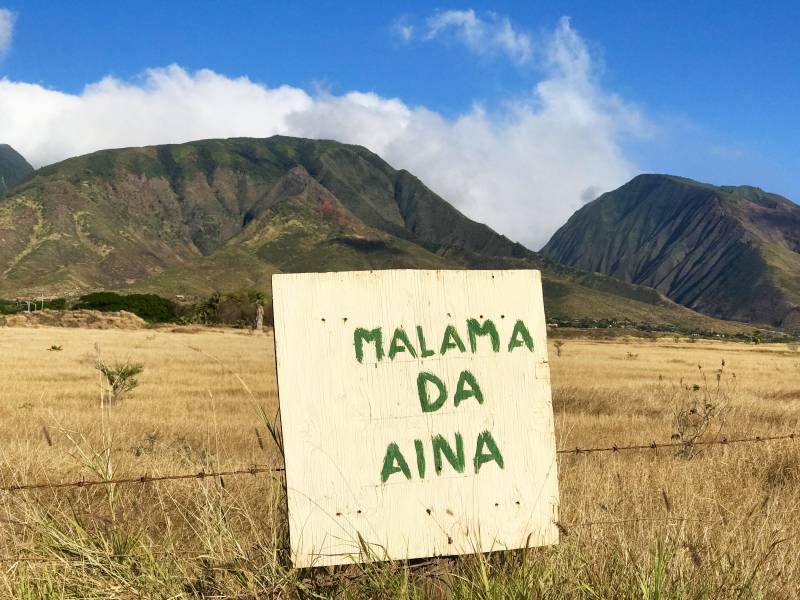 sign reads "malama da aina" in front of mountains