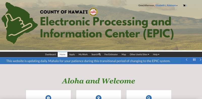 Welcome screen from Hawaii County EPIC system
