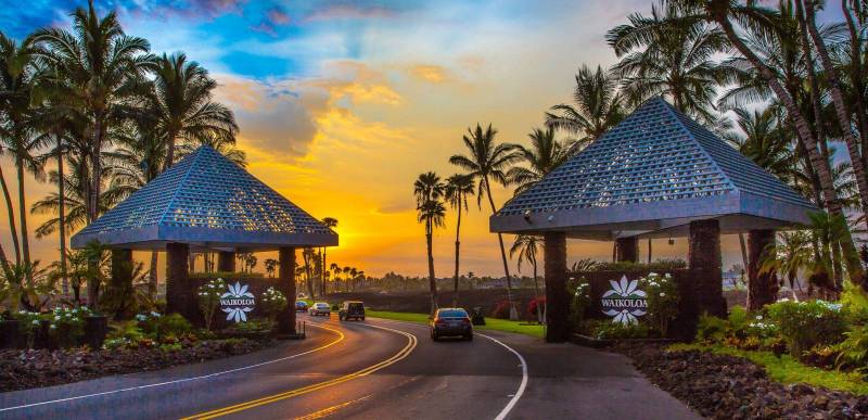 Waikoloa Beach Resort entrance at sunset