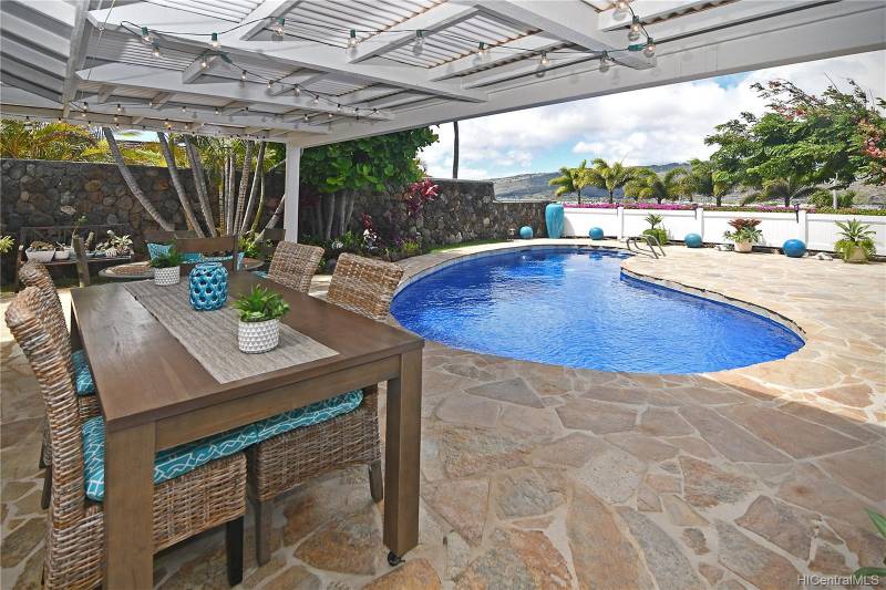 backyard with outdoor dining table and pool