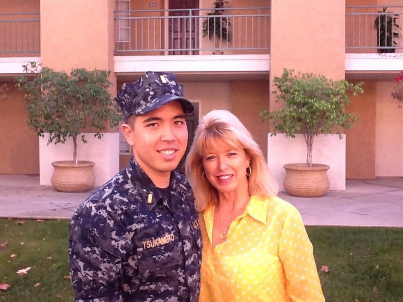 mother and son in navy uniform
