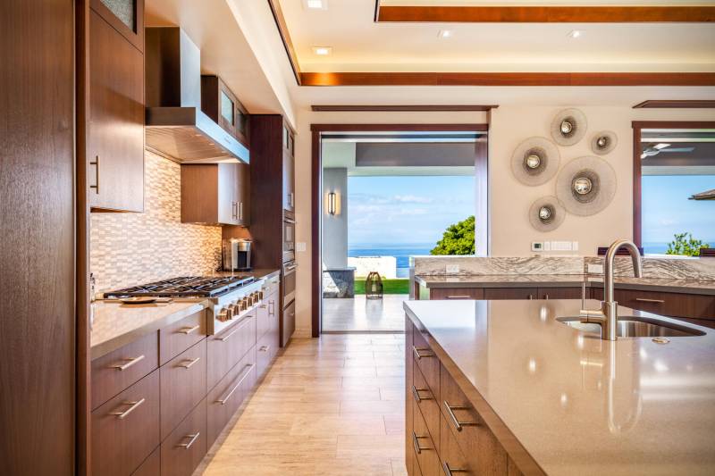 ocean views from large windows in kitchen