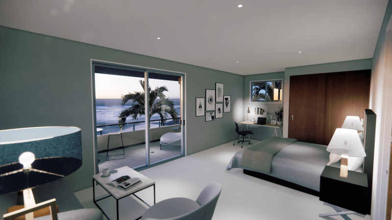 bedroom with sliding doors to private lanai with ocean view