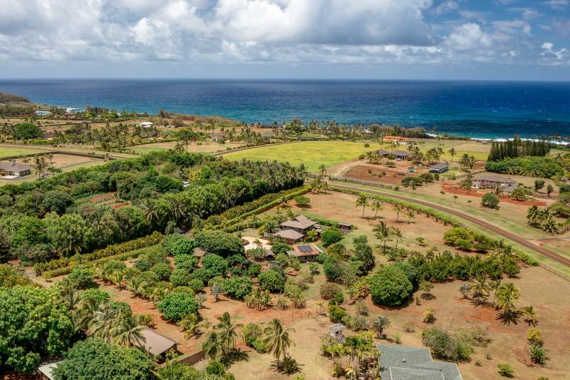 aerial view of Aliomanu Estate on kauai with ocean in background