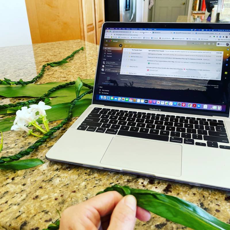 Multitasking laptop and ti leaf lei