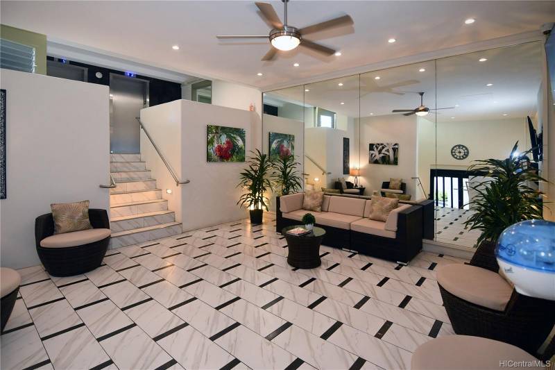 black and white tile and furniture