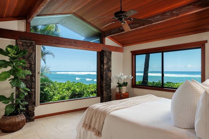 vaulted ceilings in bedroom and ocean views on two sides