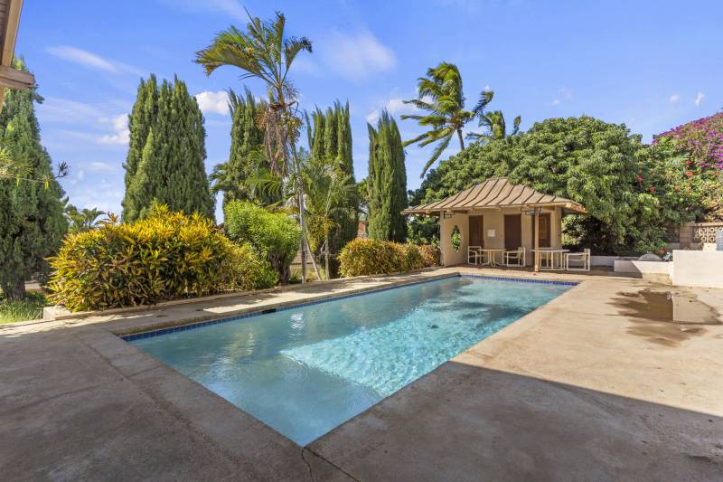 rectangular pool and tropical plants in maui home for sale