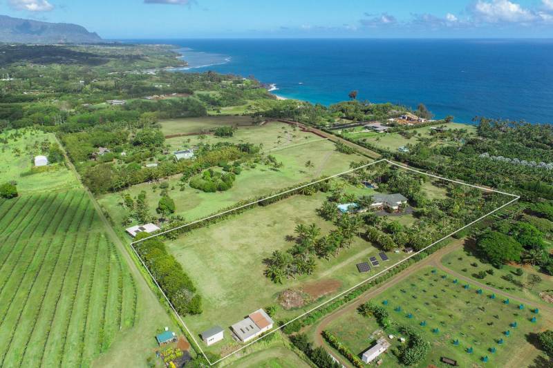aerial view with lot lines marked of 8 acres for sale on kauai