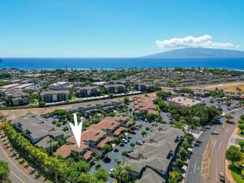 aerial view with arrow pointing to lahaina maui condo for sale