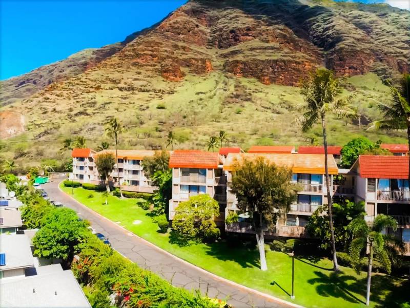 condos in front of mountain in makaha valley oahu