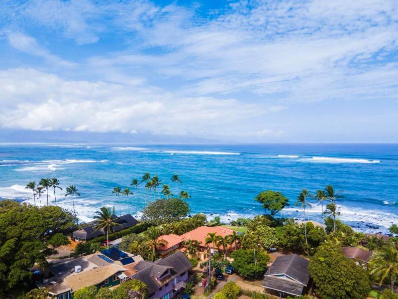 aerial view of ocean front north shore maui home