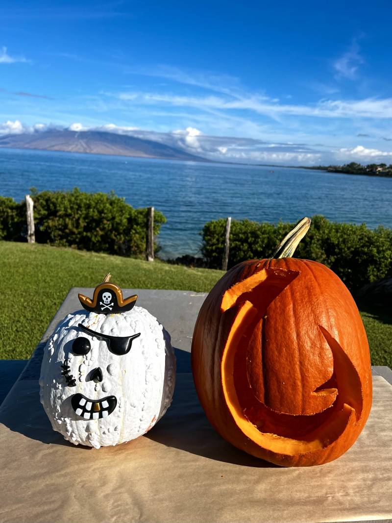 white pumpkin and orange pumpkin sit in front of maui ocean