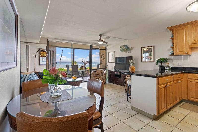 interior open kitchen, living and dining areas in maui condo