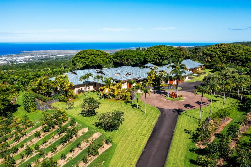 aerial view of holualoa big island home with coffee plants