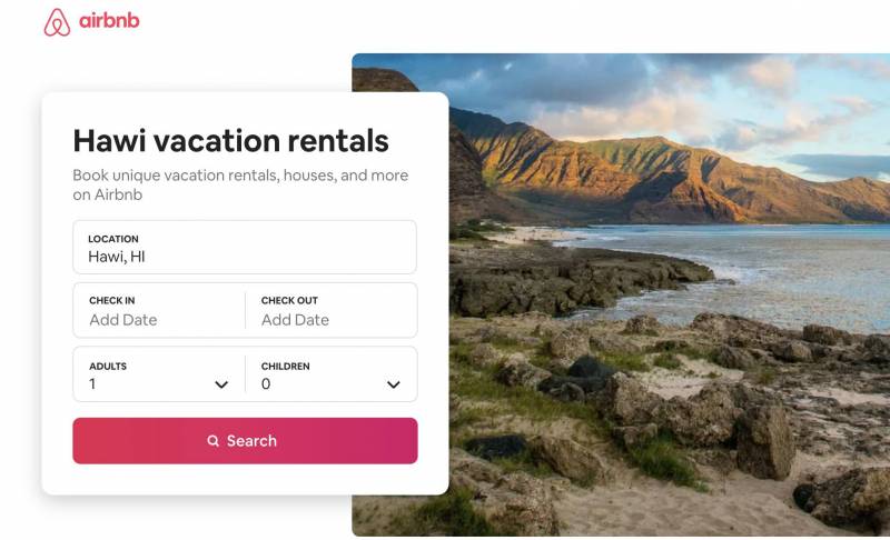 AirBnB search box for hawi vacation rentals