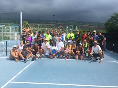 group of people on pickleball court on big island hawaii