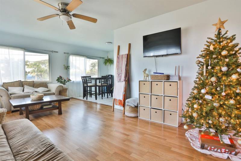 living room in north shore maui home with christmas tree