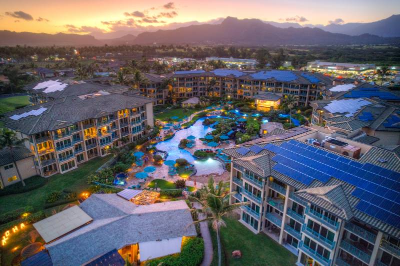 aerial view of Waipouli Beach Resort condo complex on kauai at sunset