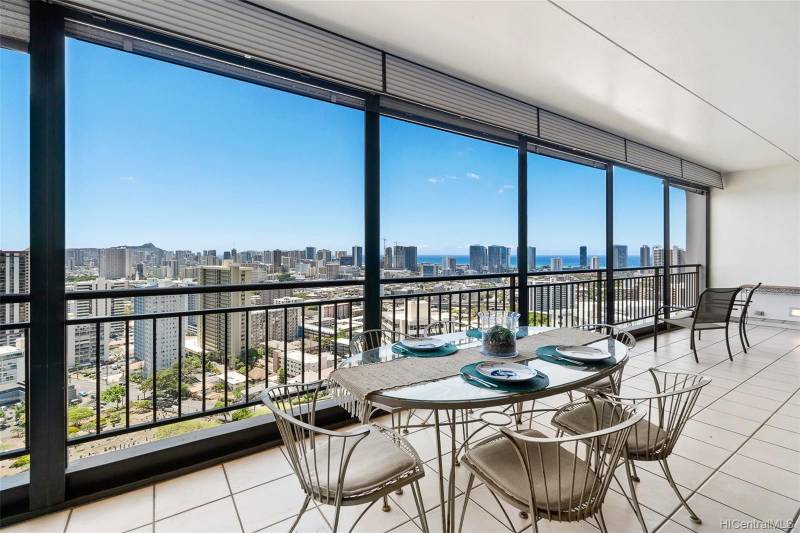 large lanai with honolulu city and ocean views