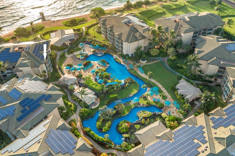 aerial view of kauai condo complex with large pool area