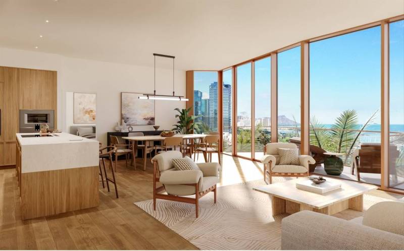 rendering of condo living room with ocean views