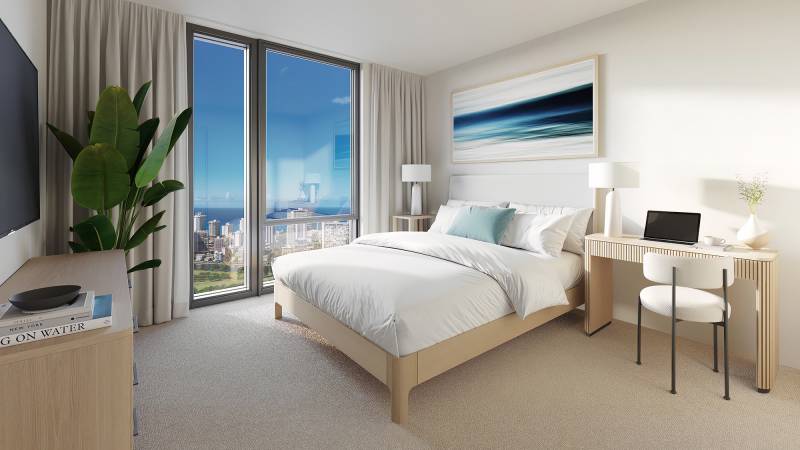 bedroom with honolulu city and ocean views