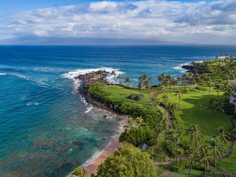 aerial view of oceanfront maui golf course