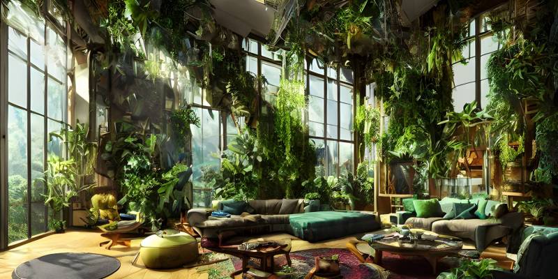 room with tall ceilings and windows. masses of plants hang from the ceiling and cascade to the floor. multiple sofas and coffee tables