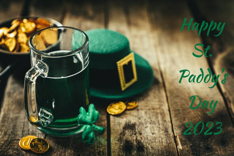 image reads happy st paddys day 2023 next to green beer and leprechaun hat