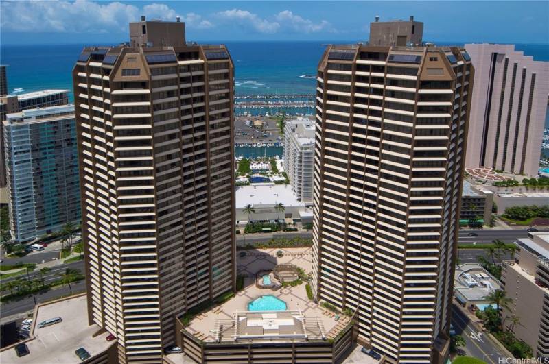 aerial view of discovery bay condo buildings