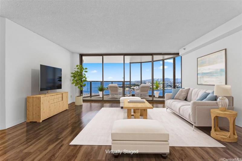 virtually staged living room in honolulu condo