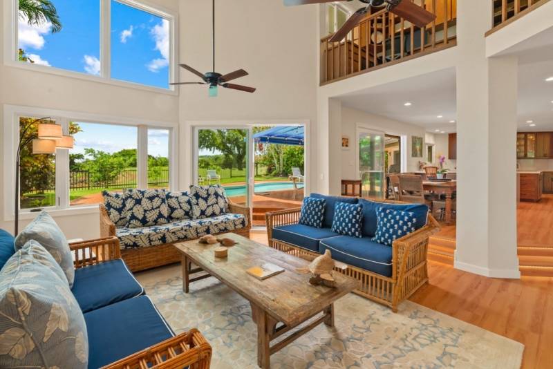 living room with high ceilings in kauai home for sale
