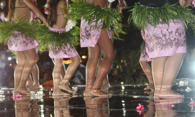 four hula dancers wearing pink skirts