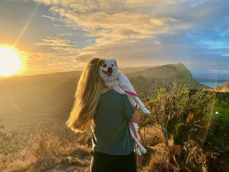 woman holding dog at makapuu lighthouse trail on oahu