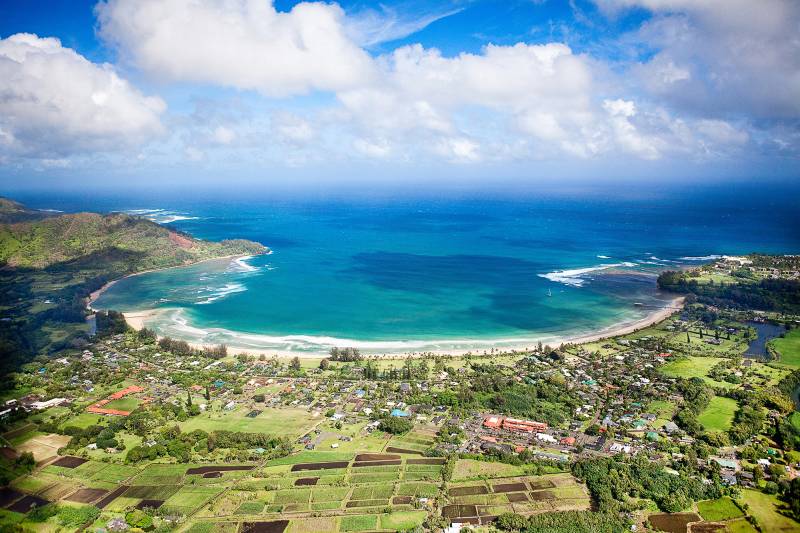 aerial view of hanalei bay on the north shore of kauai