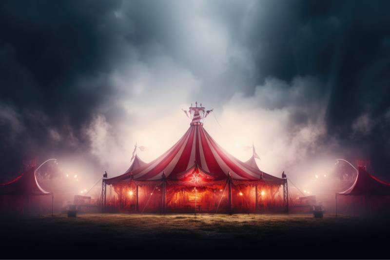 circus tent in the night that glows in misty light