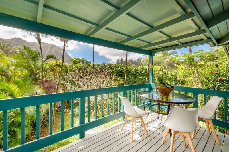 verdant tropical plants and mountain views from lanai in kauai home for sale
