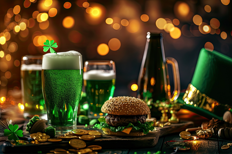 st patricks day spread with glasses of green beer and a hamburger