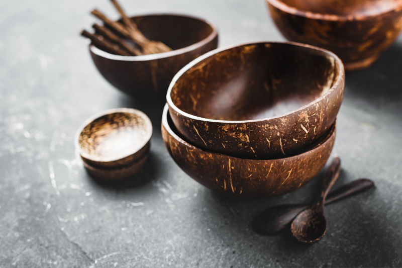 bowls and spoons made from coconuts