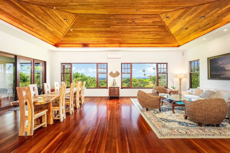 vaulted wood clad ceiling in living space in kauai house for sale