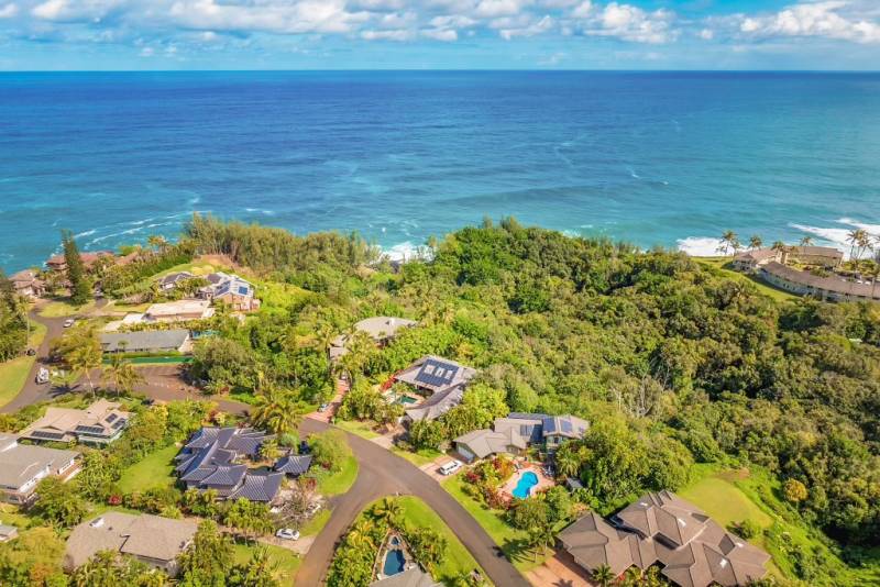 aerial view of hanalei kauai neighborhood near the ocean
