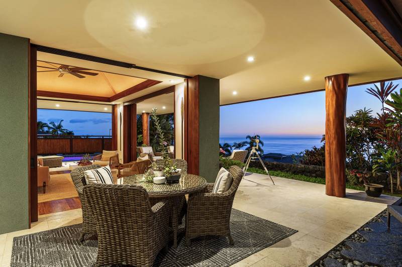 covered lanai with ocean view at twilight