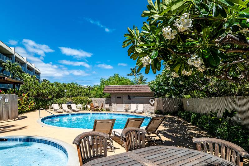 pool area surrounded by tropical plants at puako big island condo