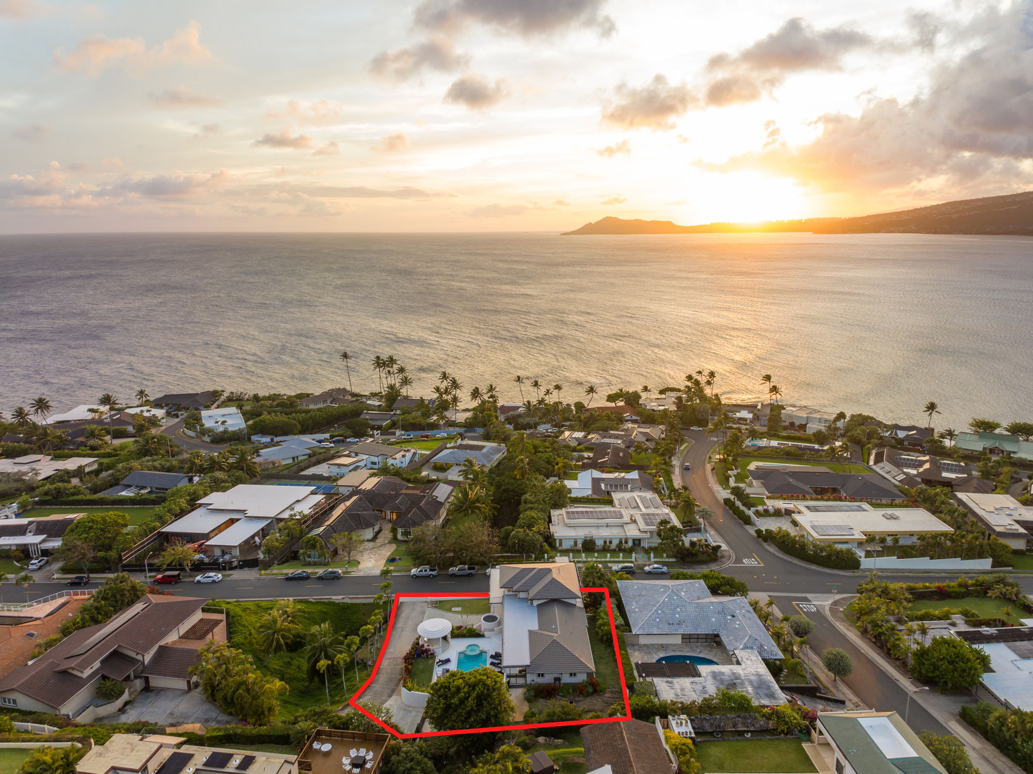 Hawaii Kai luxury home, aerial view at sunset