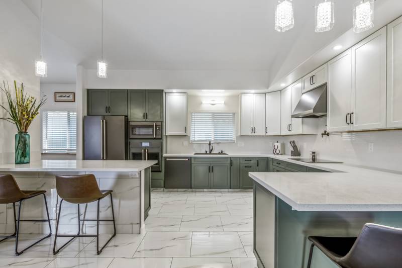 modern kitchen with gray lower cabinets and white upper cabinets