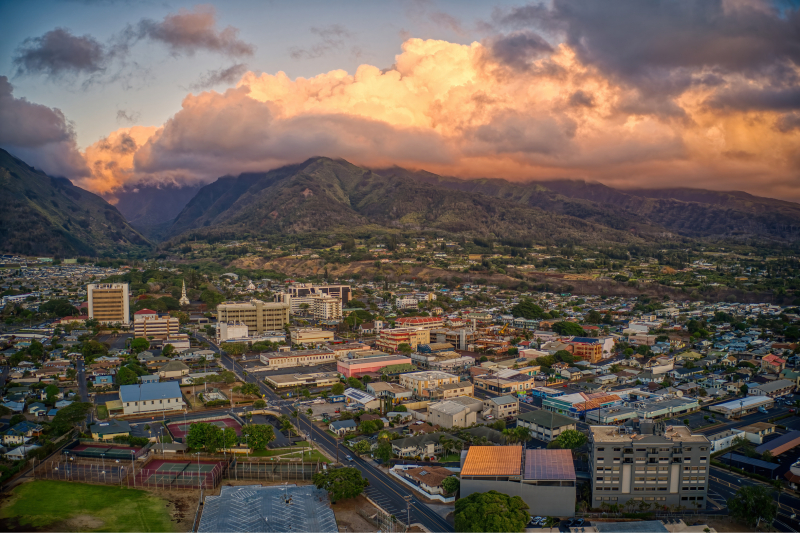 aerial view of wailuku maui at sunset