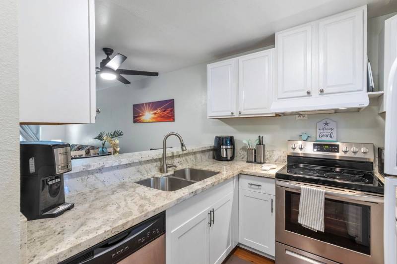 maui condo kitchen with view to the living room