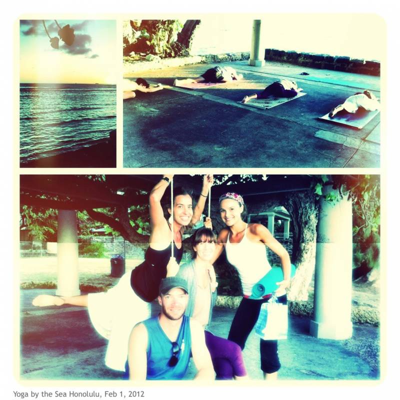 heavily filtered three photo collage from 2012 of outdoor yoga class by the ocean in oahu